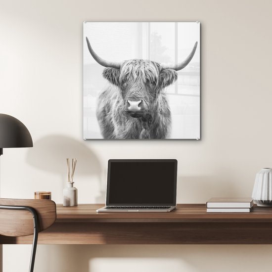 MuchoWow® Peinture sur verre 50x50 cm - Peinture sur verre - Highlander écossais - Animaux - Cornes - Zwart et blanc - Photo sur verre acrylique - Peintures