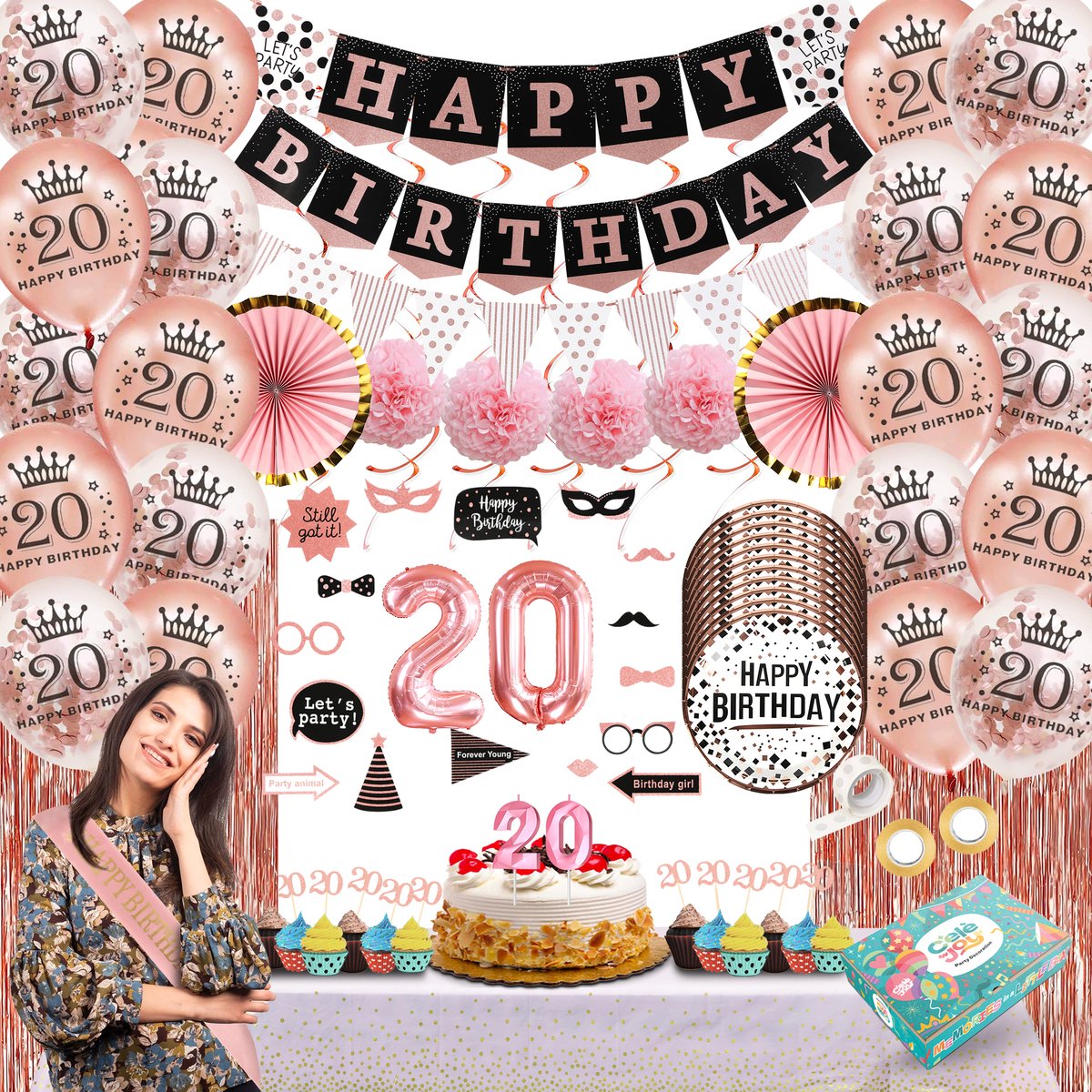 Celejoy 20 Jaar Feestpakket - Stijlvolle Rose Gouden Verjaardag Decoratie Set met Ballonnen, Slingers & Feestbenodigdheden