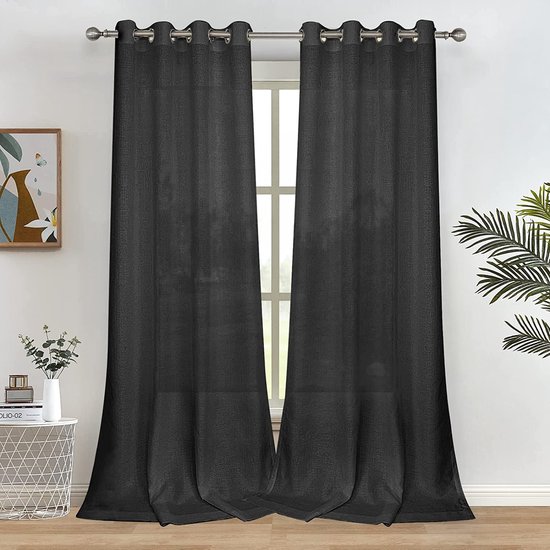 Gordijnen zwart transparant linnen look gordijnen met ogen voor woonkamer  slaapkamer... | bol.com