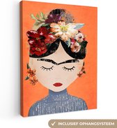 Canvas Schilderij Portret - Frida Kahlo - Oranje - Vrouw - Bloemen - 30x40 cm - Wanddecoratie