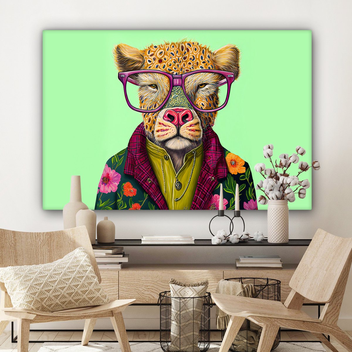 Tableau Peinture Animaux - Lunettes - Chien - Design - 140x90 cm