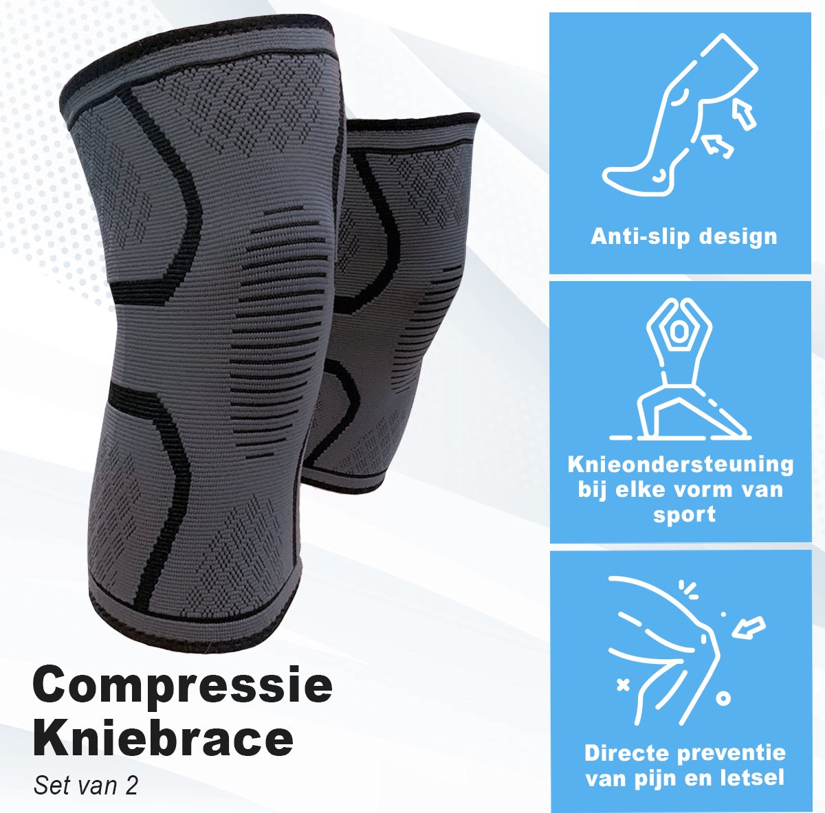 Revasupply™ - Kniebraces - 2 Stuks - Maat M - Knie bandage - Knie sleeve - Knie compressie - Blessures - Sport - Unisex - Zwart/grijs - 37-41 cm - Inclusief E-book