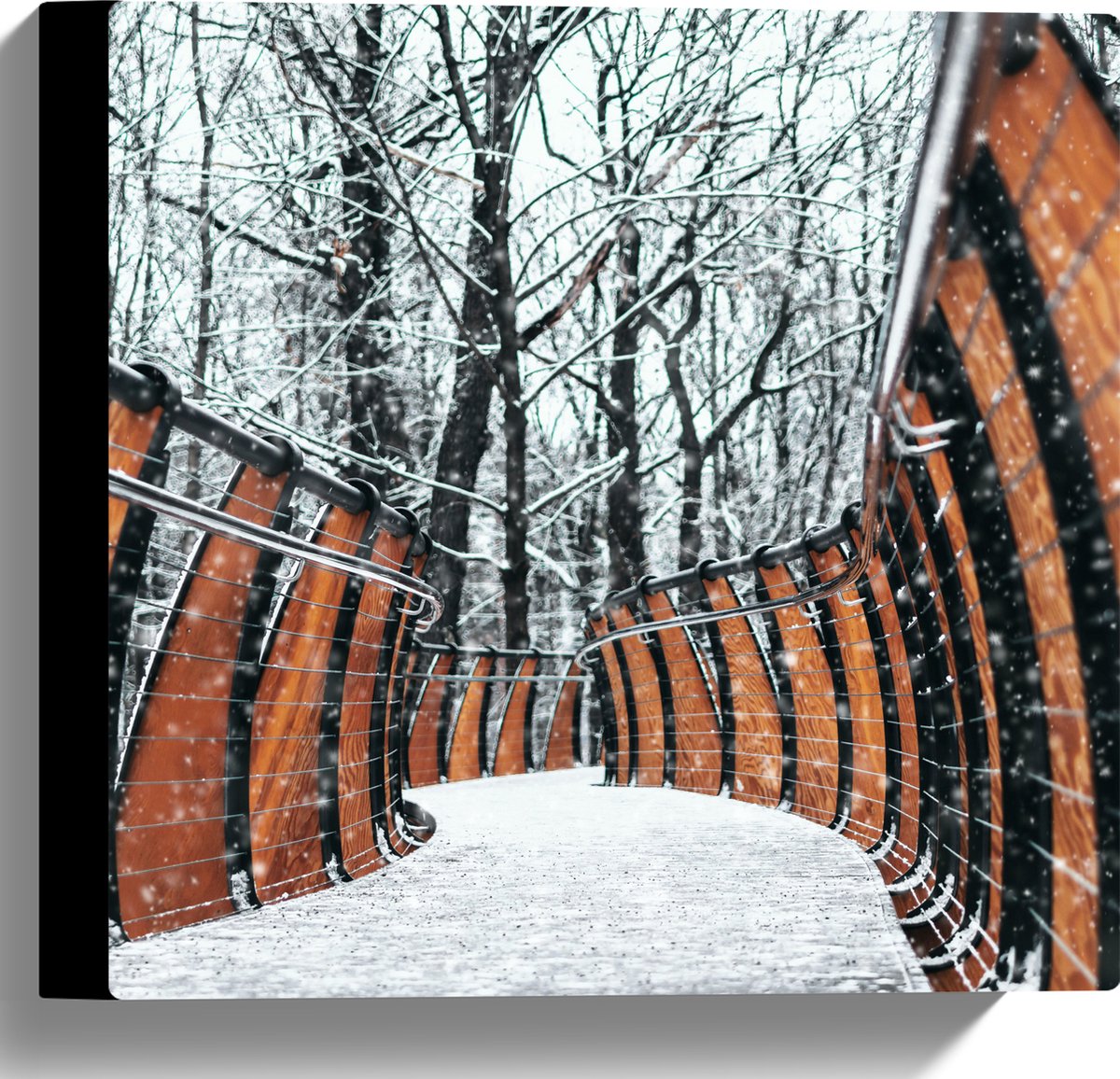 Canvas - Hekwerk in Ondergesneeuwd Bos - 30x30 cm Foto op Canvas Schilderij (Wanddecoratie