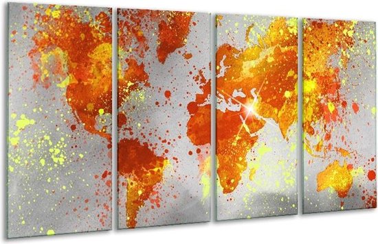 GroepArt - Glasschilderij - Wereld - Grijs, Oranje, Geel - 160x80cm 4Luik - Foto Op Glas - Geen Acrylglas Schilderij - 6000+ Glasschilderijen Collectie - Wanddecoratie