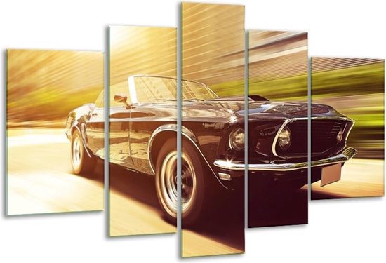 Glasschilderij Mustang - Groen, Geel - 170x100cm 5Luik - Foto Op Glas - Geen Acrylglas Schilderij - 6000+ Glasschilderijen Collectie - Wanddecoratie