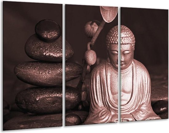 GroepArt - Schilderij -  Boeddha, Stenen - Bruin, Rood, Zwart - 120x80cm 3Luik - 6000+ Schilderijen 0p Canvas Art Collectie