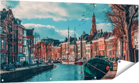 Gards Affiche de jardin Canal à Groningue - 140x70 cm - Toile de jardin - Décoration de jardin - Décoration murale extérieur - Peinture de jardin