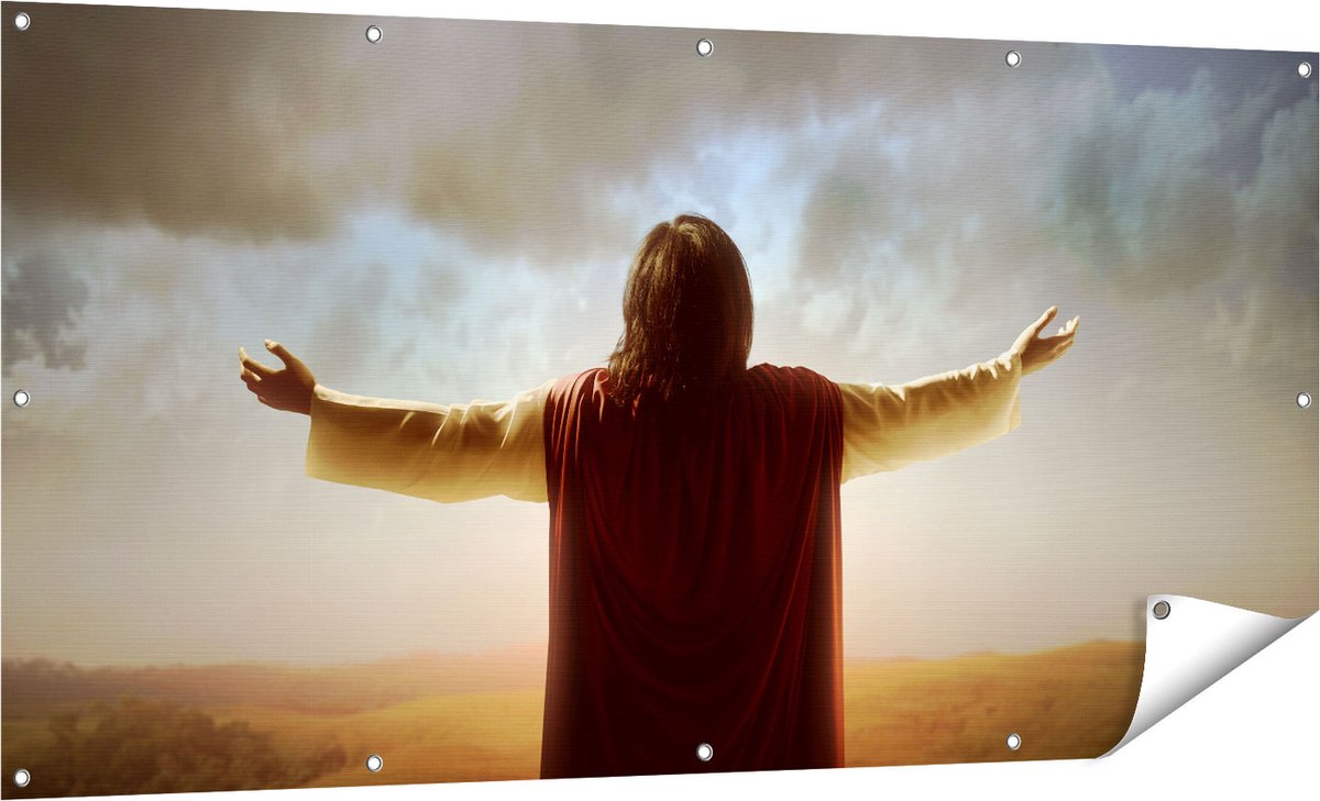 Gards Tuinposter Jezus Christus aan het Bidden bij Zonsopgang - 160x80 cm - Tuindoek - Tuindecoratie - Wanddecoratie buiten - Tuinschilderij Multikleur