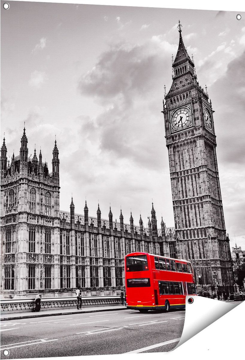 Gards Tuinposter Rode Bussen in Londen - Retro - 80x100 cm - Tuindoek - Tuindecoratie - Wanddecoratie buiten - Tuinschilderij Multikleur