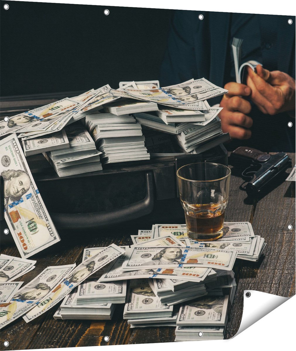 Gards Tuinposter Dollar Geld Briefjes op Tafel van de Maffia - 110x110 cm - Tuindoek - Tuindecoratie - Wanddecoratie buiten - Tuinschilderij Multikleur