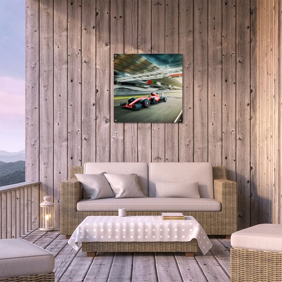 Gards Tuinposter Formule 1 Auto bij de Finish in het Rood - 70x70 cm - Tuindoek - Tuindecoratie - Wanddecoratie buiten - Tuinschilderij