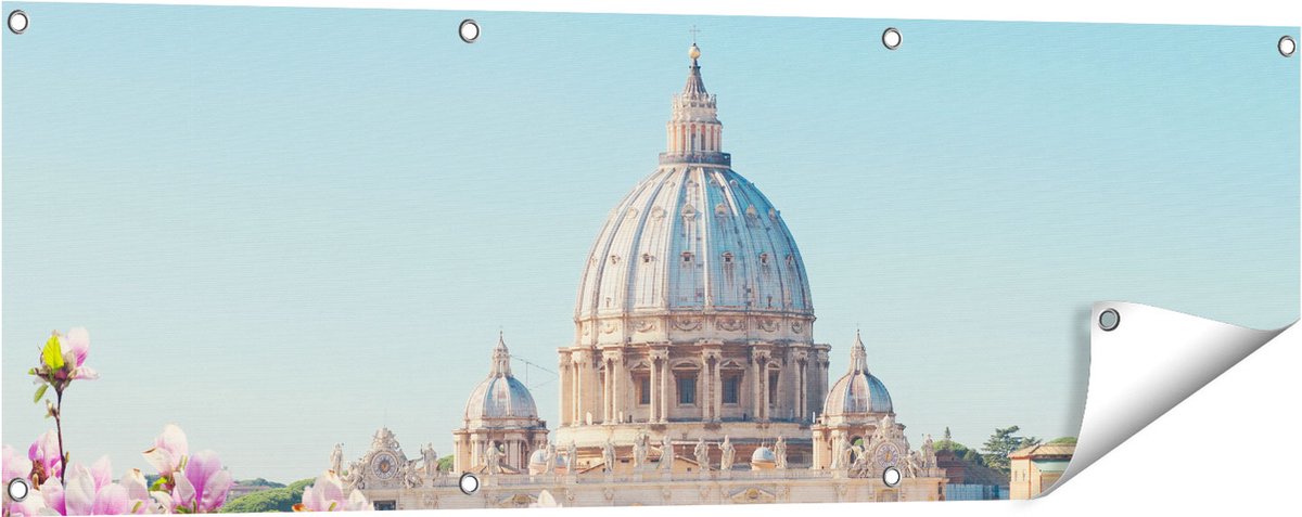 Gards Tuinposter Sint Pietersbasiliek in Rome met Bloemen - 120x40 cm - Tuindoek - Tuindecoratie - Wanddecoratie buiten - Tuinschilderij Multikleur