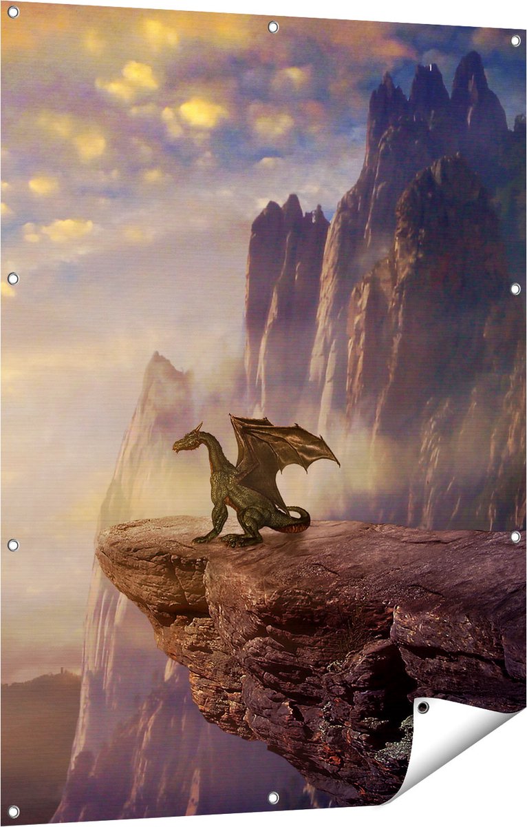 Gards Tuinposter Draak op een Rots bij Zonsondergang - 90x120 cm - Tuindoek - Tuindecoratie - Wanddecoratie buiten - Tuinschilderij Multikleur