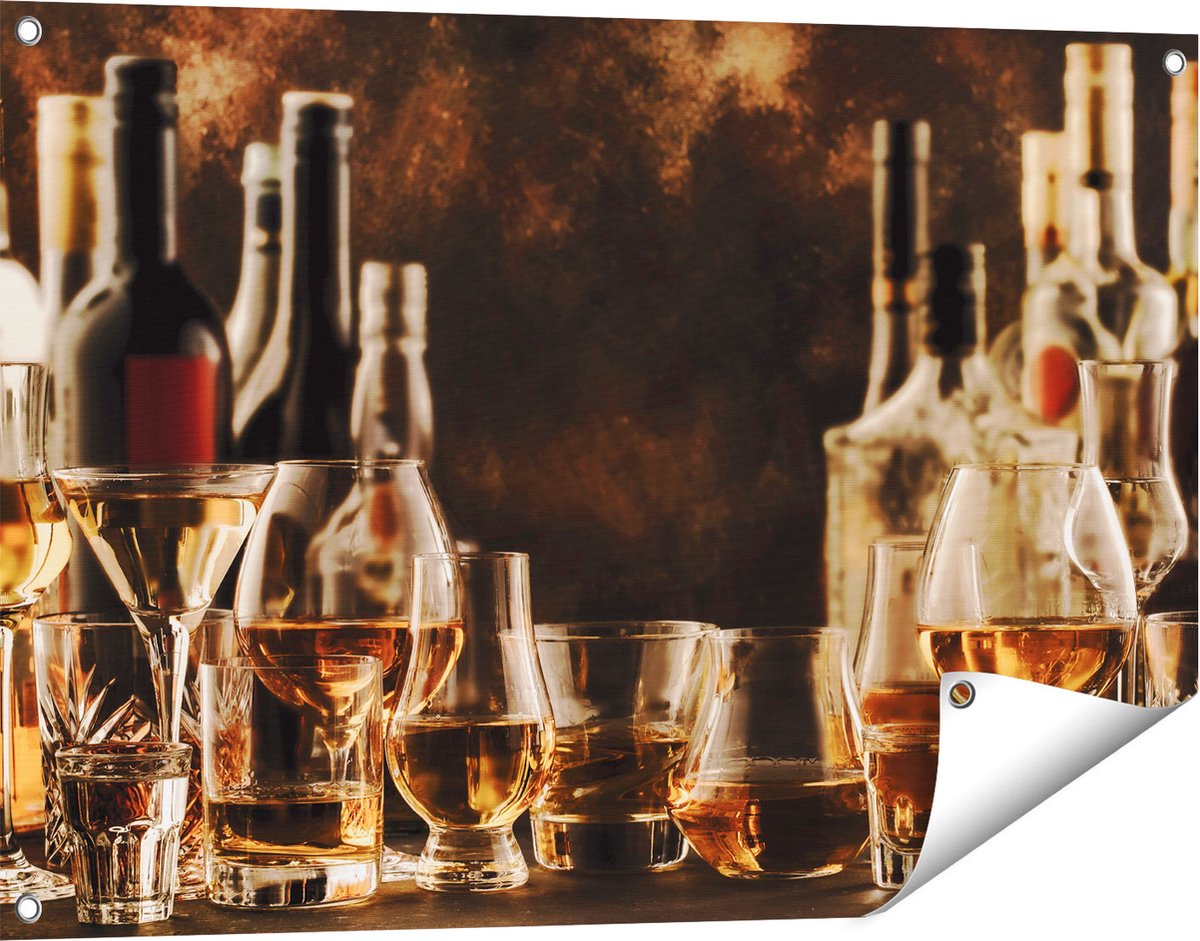 Gards Tuinposter Glazen met Sterke Drank - Flessen - 90x60 cm - Tuindoek - Tuindecoratie - Wanddecoratie buiten - Tuinschilderij Multikleur