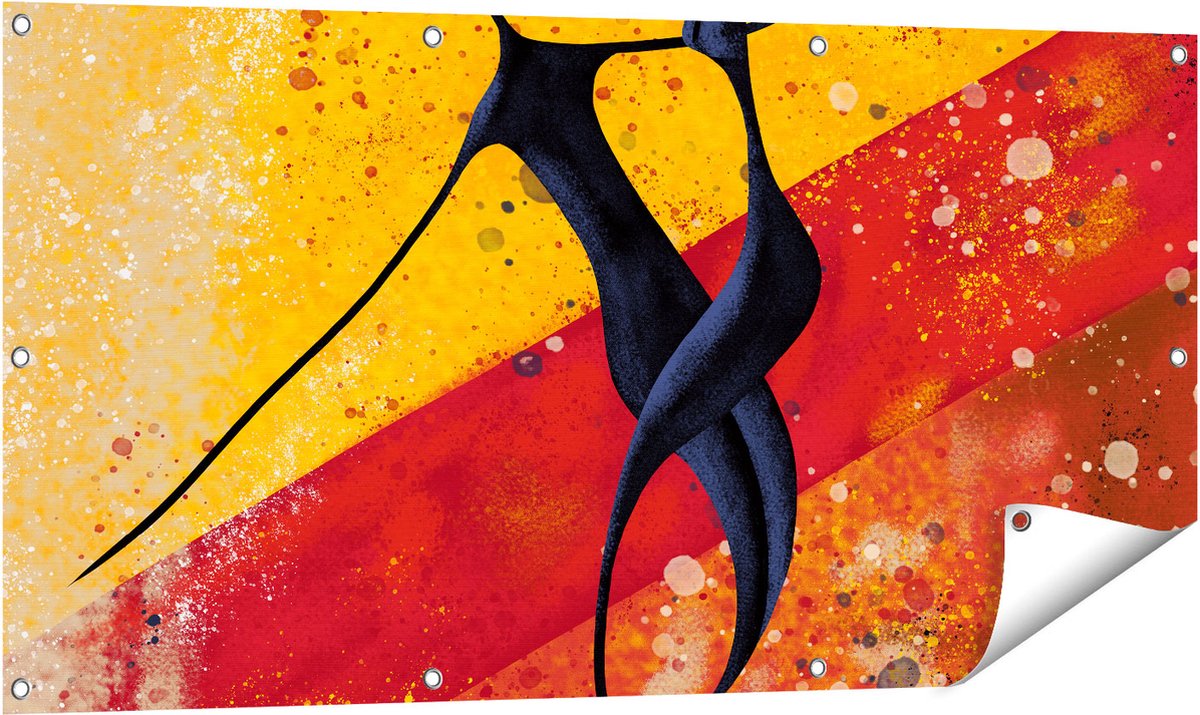 Gards Tuinposter Abstracte Kunst - Dansend Afrikaans Paar - 120x60 cm - Tuindoek - Tuindecoratie - Wanddecoratie buiten - Tuinschilderij Multikleur