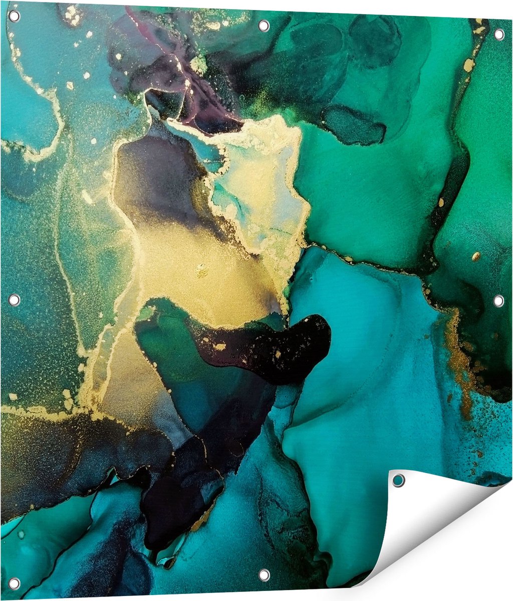 Gards Tuinposter Abstracte Kunst - Groen met Goud - 80x80 cm - Tuindoek - Tuindecoratie - Wanddecoratie buiten - Tuinschilderij Multikleur