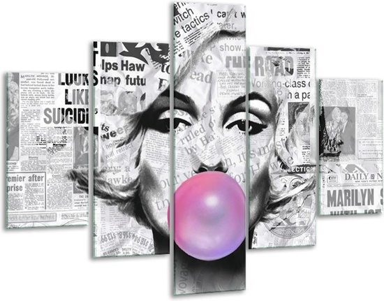 Glasschilderij -  Marilyn Monroe - Zwart, Grijs, Paars - 100x70cm 5Luik - Geen Acrylglas Schilderij - GroepArt 6000+ Glasschilderijen Collectie - Wanddecoratie- Foto Op Glas