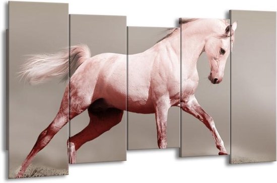 GroepArt - Canvas Schilderij - Paard - Roze, Grijs - 150x80cm 5Luik- Groot Collectie Schilderijen Op Canvas En Wanddecoraties
