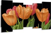 GroepArt - Canvas Schilderij - Tulpen - Oranje, Rood, Groen - 150x80cm 5Luik- Groot Collectie Schilderijen Op Canvas En Wanddecoraties