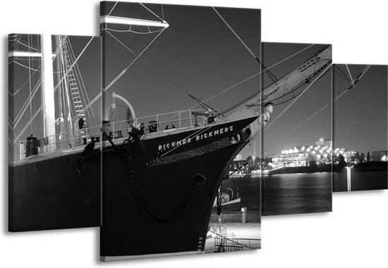 GroepArt - Schilderij -  Boot - Grijs, Zwart, Wit - 160x90cm 4Luik - Schilderij Op Canvas - Foto Op Canvas