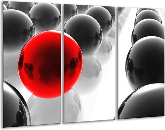 Glasschilderij Ballen - Rood, Zwart, Wit - 120x80cm 3Luik - Foto Op Glas - Geen Acrylglas Schilderij - GroepArt 6000+ Glas Art Collectie - Maatwerk Mogelijk