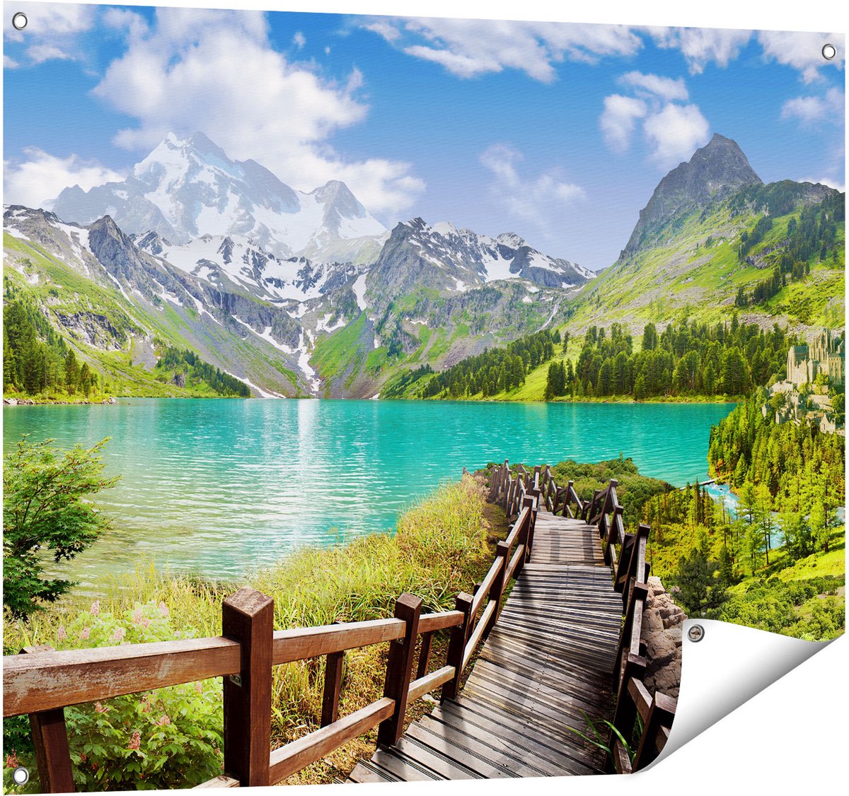 Gards Tuinposter Pad naar een Helder Blauw Meer in de Bergen - 100x80 cm - Tuindoek - Tuindecoratie - Wanddecoratie buiten - Tuinschilderij Multikleur