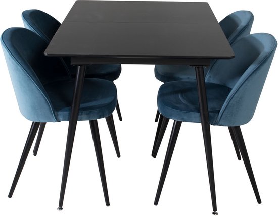 SilarBLExt eethoek eetkamertafel uitschuifbare tafel lengte cm 120 / 160 zwart en 4 Velvet eetkamerstal velours blauw, zwart.