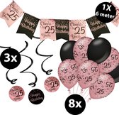 Verjaardag Versiering Pakket 25 jaar Roze en Zwart - Ballonnen Zwart & Roze (8 stuks) - Vlaggenlijn Rosé en Zwart 6 meter (1 stuks) - Vlaggenlijn gekleurd 25 jarige - Vlaggetjes Slinger Verjaardag 25 Birthday - Birthday Party Decoratie (25 Jaar)