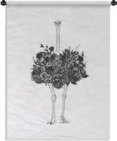 Wandkleed - Wanddoek - Struisvogel - Bloemen - Dieren - Wit - 60x80 cm - Wandtapijt