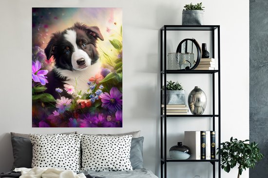 Poster Puppy - Soleil - Fleurs - Nature - Border Collie - Chien - 90x120 cm - Cadeau fille 7 ans