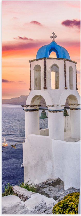 Poster (Mat) - Traditionele Torentjes met Blauwe Details aan de Kust van Santorini - 20x60 cm Foto op Posterpapier met een Matte look