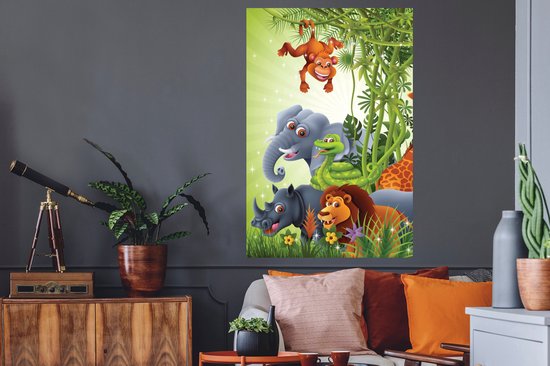 Stickers muraux - Feuille Autocollant - Animaux de la Jungle - Plantes - Enfants - Éléphant - Girafe - Lion - 80x120 cm - Film Adhésif - Stickers muraux Chambre d'Enfant - Papier Peint Auto Adhésif