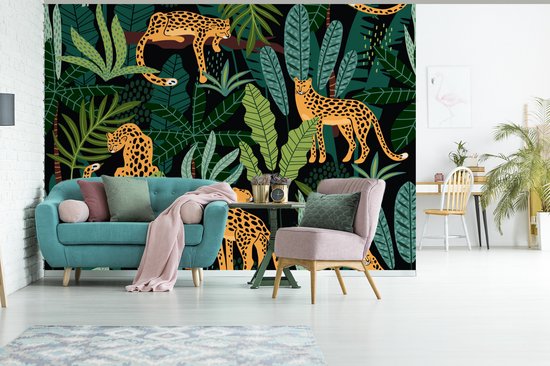 Behang - Fotobehang Jungle - Panter - Patronen - Jongens - Meiden - Planten - Breedte 300 cm x hoogte 240 cm
