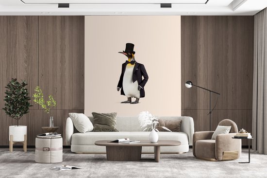 Behang - Fotobehang Pinguïn - Dier - Hoed - Zwart - Breedte 160 cm x hoogte 220 cm