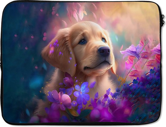 Housse ordinateur 17 pouces - Chien - Puppy - Soleil - Fleurs - Golden retriever - Housse ordinateur - Dimensions intérieures 42,5x30 cm