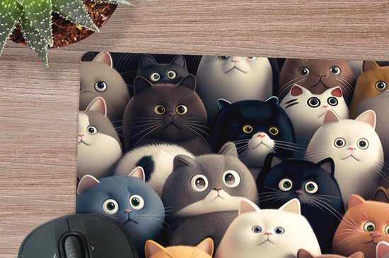 Tapis de souris avec un motif de nombreux chats mignons, de style dessin animé, avec un gros plan de quelques chats au centre.