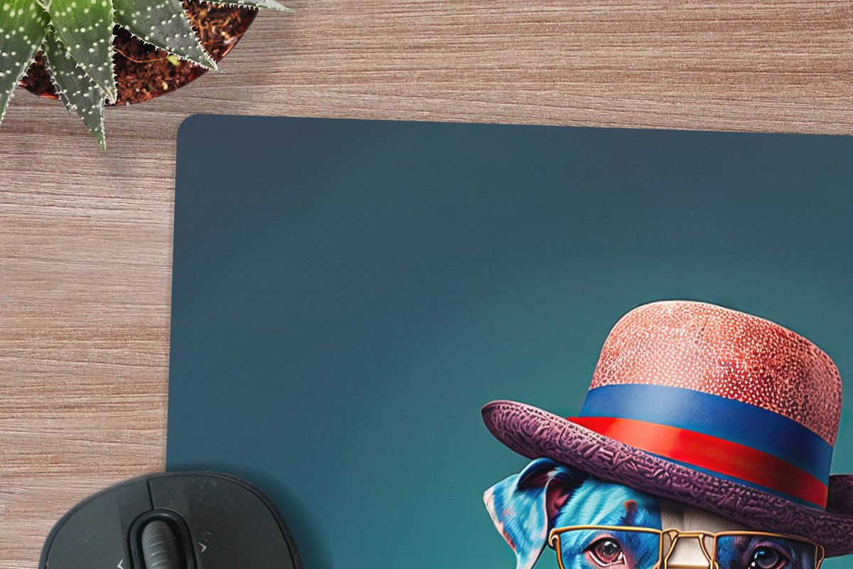 Muismat XXL 60x60 cm - Bureau onderlegger - Bureau mat Hond - Hoed - Colbert - Bloemen - Blauw - Bureaumat - Gaming mousepad xl - Bureaulegger groot - Computer deskmat