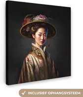 Canvas Schilderij Vrouw - Portret - Bloemen - Hoed - Aziatisch - 50x50 cm - Wanddecoratie