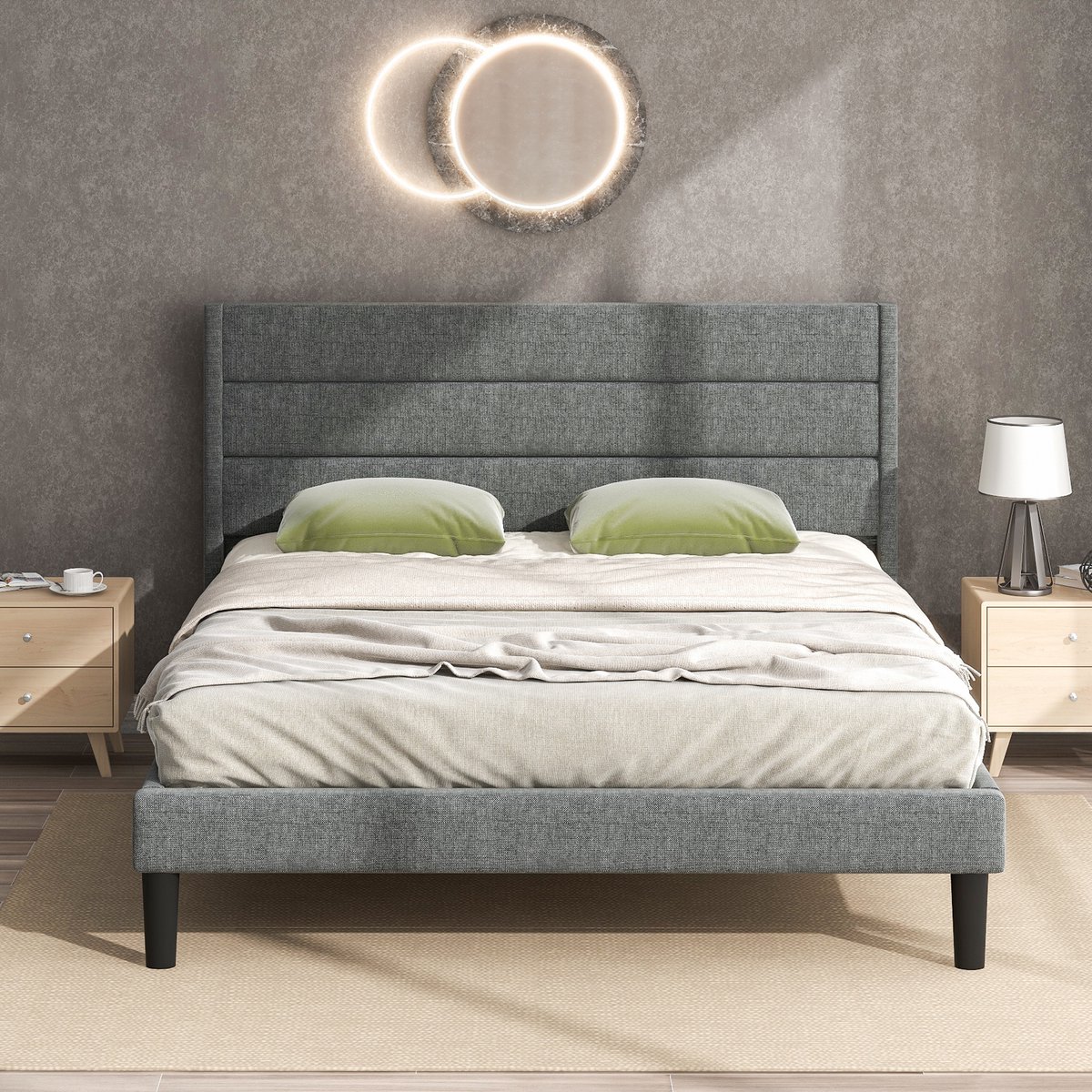 Zravenna Gestoffeerd bed, 160 x 200 cm, grijs, met lattenbodem, ophanging, bedframe, metaal, hoofdeinde met opbergruimte, draagvermogen 300 kg, zonder matras