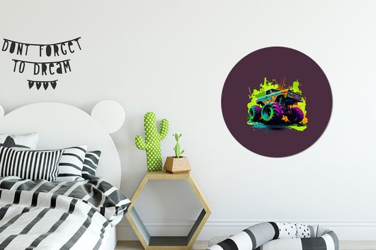 WallCircle - Wandcirkel ⌀ 60 - Monstertruck - Groen - Neon - Auto - Design - Ronde schilderijen woonkamer - Wandbord rond - Muurdecoratie cirkel - Kamer decoratie binnen - Wanddecoratie muurcirkel - Woonaccessoires