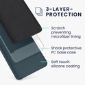 Gelaagde bescherming: microvezel voering, schokbestendige PC basis en zachte siliconen coating.