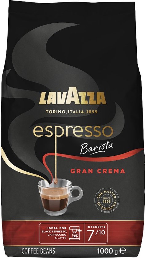 Zwarte Lavazza verpakking, met een glas espresso erop. Tekst: 'LAVAZZA ESPRESSO BARISTA GRAN CREMA', 'IDEAL FOR BLACK ESPRESSO, CAPPUCCINO & LATTE', 'INTENSITY 7/10', '1000 g'.