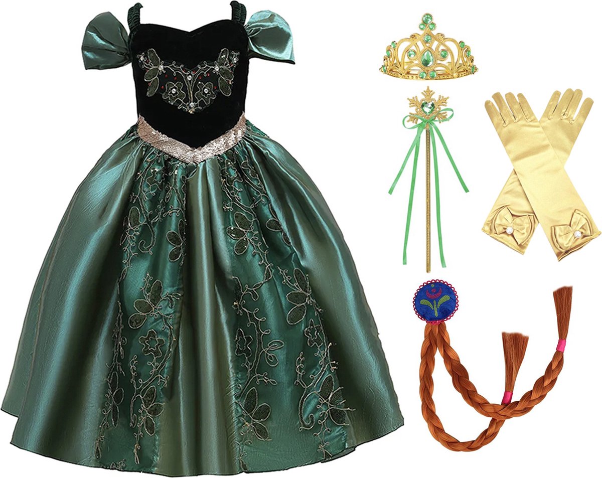 Prinsessenjurk meisje - verkleedkleren meisje - Frozen jurk - maat 92/98 - kroon, toverstaf, handschoenen, vlechtjes