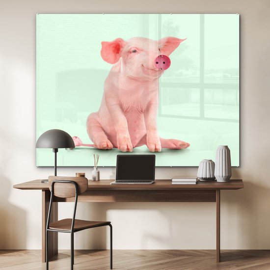 MuchoWow® Glasschilderij 160x120 cm - Schilderij acrylglas - Varken - Roze - Stopcontact - Dieren - Foto op glas - Schilderijen