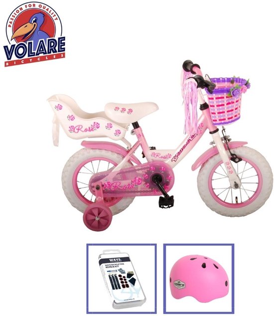 Vélo pour enfants Volare Rose - 12 pouces - Rose / Wit - Avec casque de vélo  et