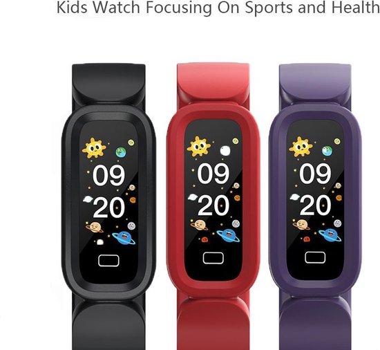 Drie kinder smartwatches in het zwart, rood en paars. Alle schermen tonen 09:20 met kinderlijke icoontjes.