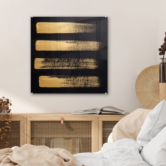 MuchoWow® Glasschilderij 50x50 cm - Schilderij acrylglas - Patroon van gouden verf op een zwarte achtergrond - Foto op glas - Schilderijen