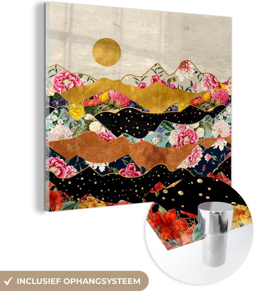 MuchoWow® Glasschilderij 20x20 cm - Schilderij acrylglas - Goud - Bloemen - Print - Abstract - Landschap - Patronen - Foto op glas - Muurdecoratie woonkamer - Wanddecoratie slaapkamer - Schilderijen