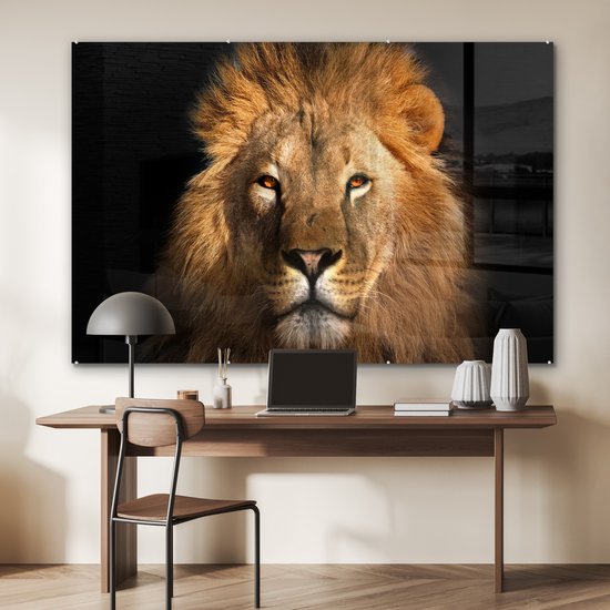Peinture sur verre - Verre acrylique - Lion - Zwart - Animal - Décoration murale - Peinture sur verre - 150x100 cm - Photo sur verre