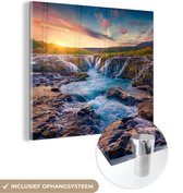 Peinture sur verre - Photo sur verre - Cascade - Soleil - Berg - Nature - Peinture sur verre - Verre acrylique - Décoration murale - 90x90 cm - Plaque acrylique - Peintures de salon